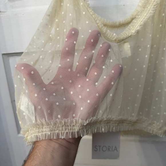 Storia Sheer Polka Dot Ruffle Trim Crop Top NWT Size M - Picture 7 of 8